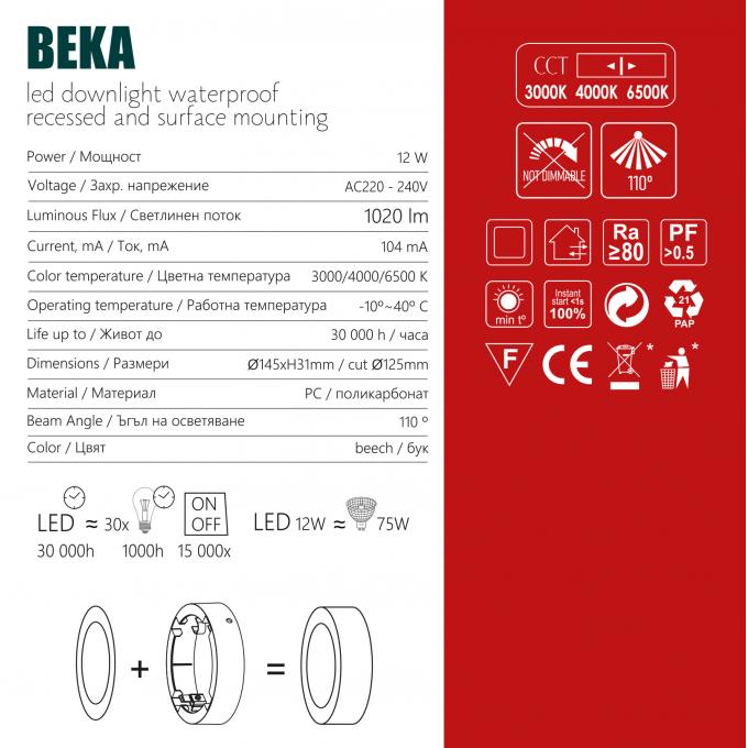 LED луна BEKA за скрит и открит монтаж влагозащитена 220V 12W IP54 CCT 1020lm Ø145xH31mm/ cut Ø125mm цвят бук Lightex