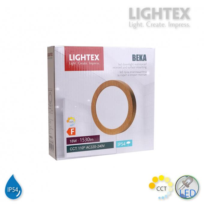 LED луна BEKA за скрит и открит монтаж влагозащитена 220V 18W IP54 CCT 1530lm Ø170xH31mm/ cut Ø150mm цвят бук Lightex