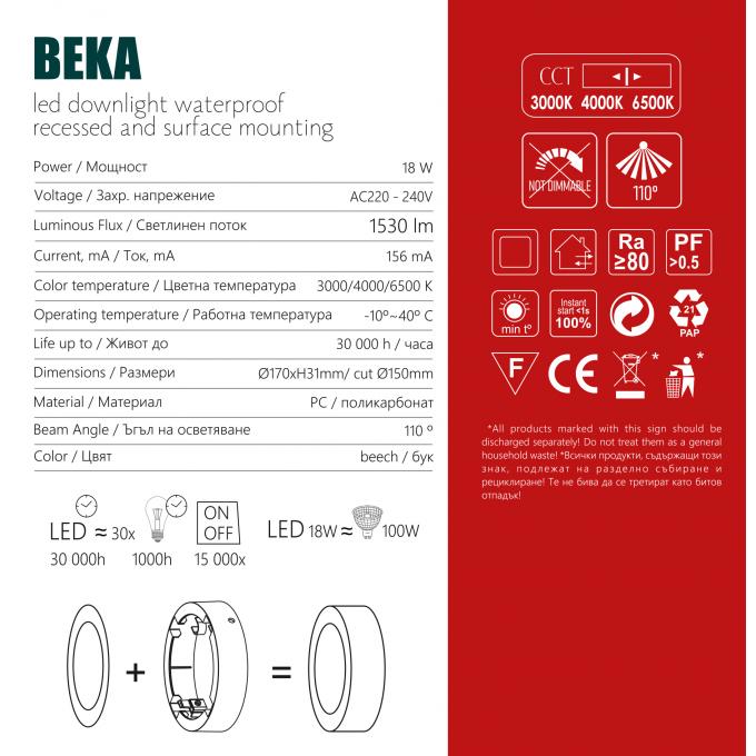 LED луна BEKA за скрит и открит монтаж влагозащитена 220V 18W IP54 CCT 1530lm Ø170xH31mm/ cut Ø150mm цвят бук Lightex