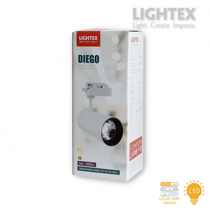 LED прожектор за шина DIEGO 30W 220V 3000K/4000K/5000K 3000lm с ключ за смяна и цветна температура Ø75х160mm бял Lightex